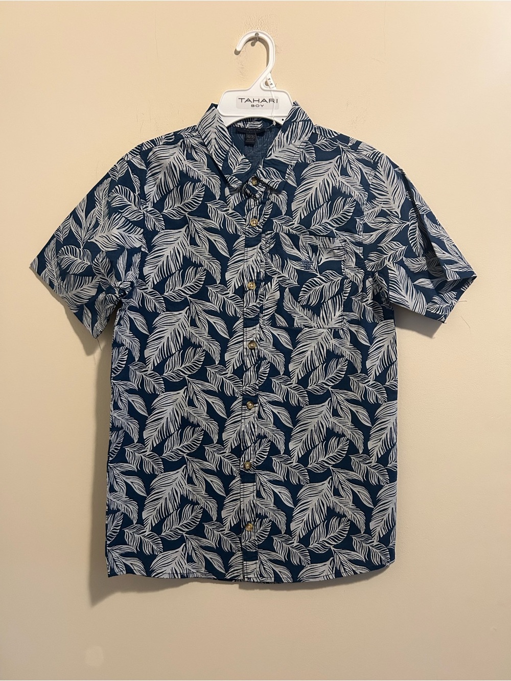 Tahari Navy and White Leaf-Print Short Sleeve Button-Down Shirt - Tropical Style